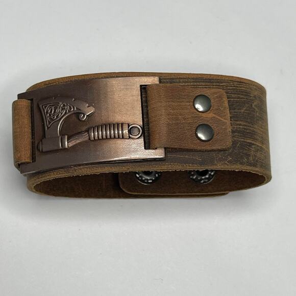 leather cuff bracelet men's woman's with copper tone inset snap close jewelry - Picture 1 of 12